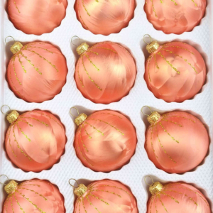 A set of 12 handmade christmas ornaments in "salmon with golden drops" in a ball shape.