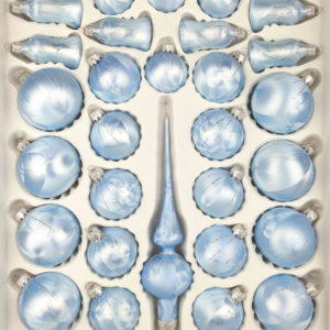 A set of 39 handmade christmas ornaments in "ice blue with silver drops" in multiple shapes. 1 christmas tree topper, 12 large balls, 10 medium balls, 10 small balls and 6 bells.