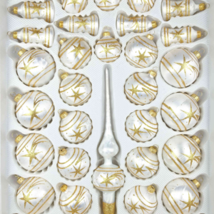 A set of 39 handmade christmas ornaments in "white with golden comets" in multiple shapes. 1 christmas tree topper, 12 large balls, 10 medium balls, 10 small balls and 6 bells.