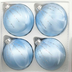 A set of 4 handmade christmas ornaments in "blue with silver drops" in a ball shape.