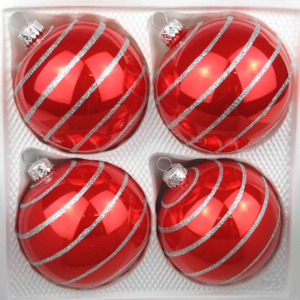 A set of 4 handmade christmas ornaments in "glossy red candy with silver swirls" in a ball shape.
