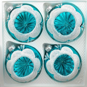A set of 4 handmade christmas ornaments in "glossy vintage turquoise" in a ball shape.