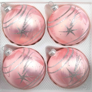 A set of 4 handmade christmas ornaments in "rose with silver comets" in a ball shape.