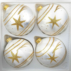 A set of 4 handmade christmas ornaments in "white with golden comets" in a ball shape.