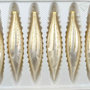 A set of 6 handmade christmas ornaments in "champagne with golden drops" in a icycles shape.