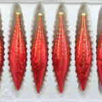 A set of 6 handmade christmas ornaments in "red with golden drops" in a icycles shape.