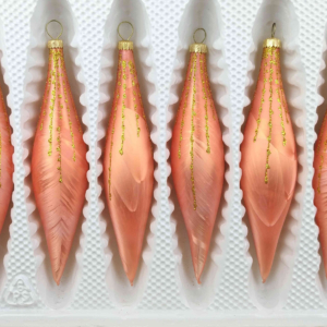 A set of 6 handmade christmas ornaments in "salmon with golden drops" in a icycles shape.