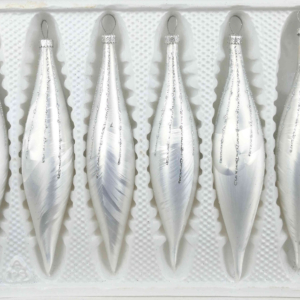 A set of 6 handmade christmas ornaments in "white with silver drops" in a icycles shape.