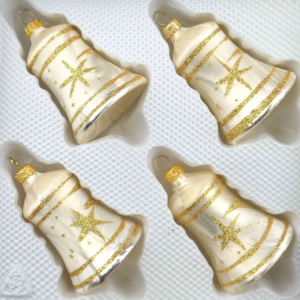 A set of 4 handmade christmas ornaments in "champagne with golden comets" in a bell shape.