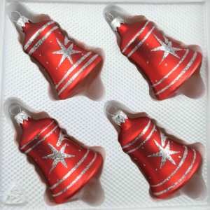 A set of 4 handmade christmas ornaments in "classic red with silver comets" in a bell shape.