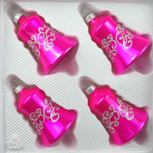 A set of 4 handmade christmas ornaments in "glossy pink" in a bell shape.