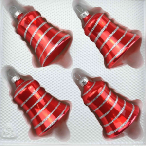 A set of 4 handmade christmas ornaments in "glossy red candy" in a bell shape.