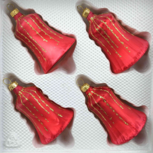 A set of 4 handmade christmas ornaments in "red with golden drops" in a bell shape.
