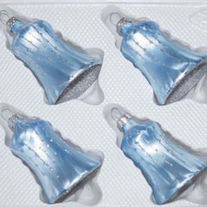 A set of 4 handmade christmas ornaments in "ice blue with silver drops" in a bell shape.