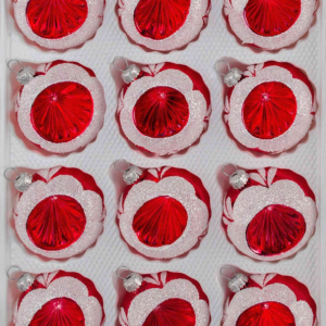 A set of 12 handmade christmas ornaments in "vintage red silver" in a ball shape.