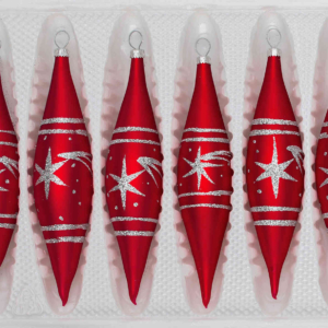 A set of 6 handmade christmas ornaments in "red with silver comets" in a icycles shape.