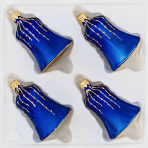 A set of 4 handmade christmas ornaments in "ice royal blue with golden rain" in a bell shape.