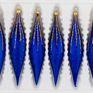 A set of 6 handmade christmas ornaments in "ice royal blue with golden rain" is a icycles shape.